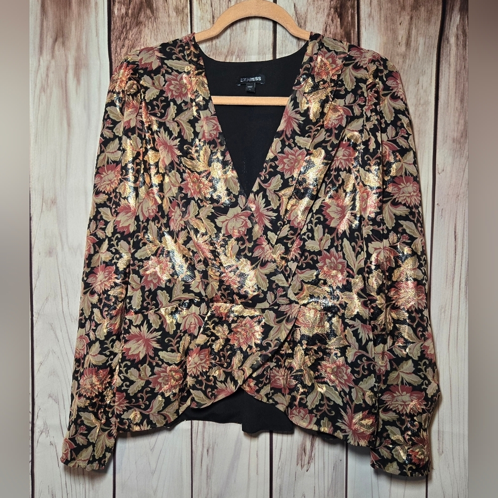 Express Metallic Floral Faux Wrap Blouse Black Gold Pink And Red Size Large